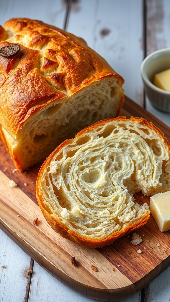 Yeast Bread Basics: Understanding Yeast in Baking Freshly baked loaf of bread, sliced, on a wooden board with butter.